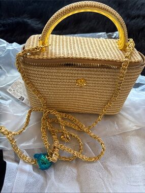 Woven Mini Top-Handle Bag with Gold Chain - Natural